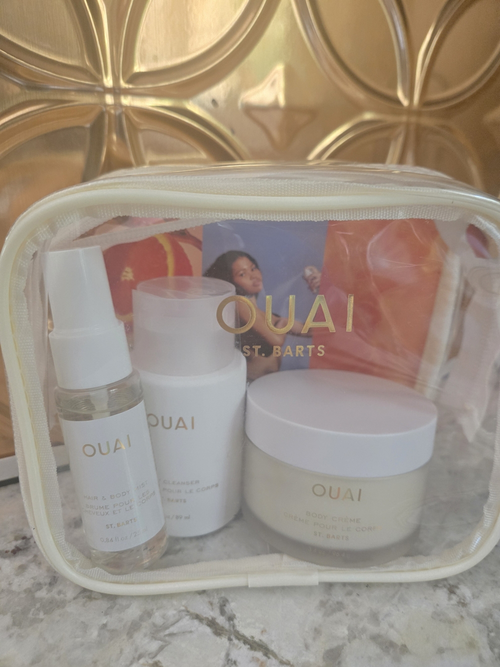 OUAI St. Barts Clear Travel Kit in Cream & White with Gold Logo